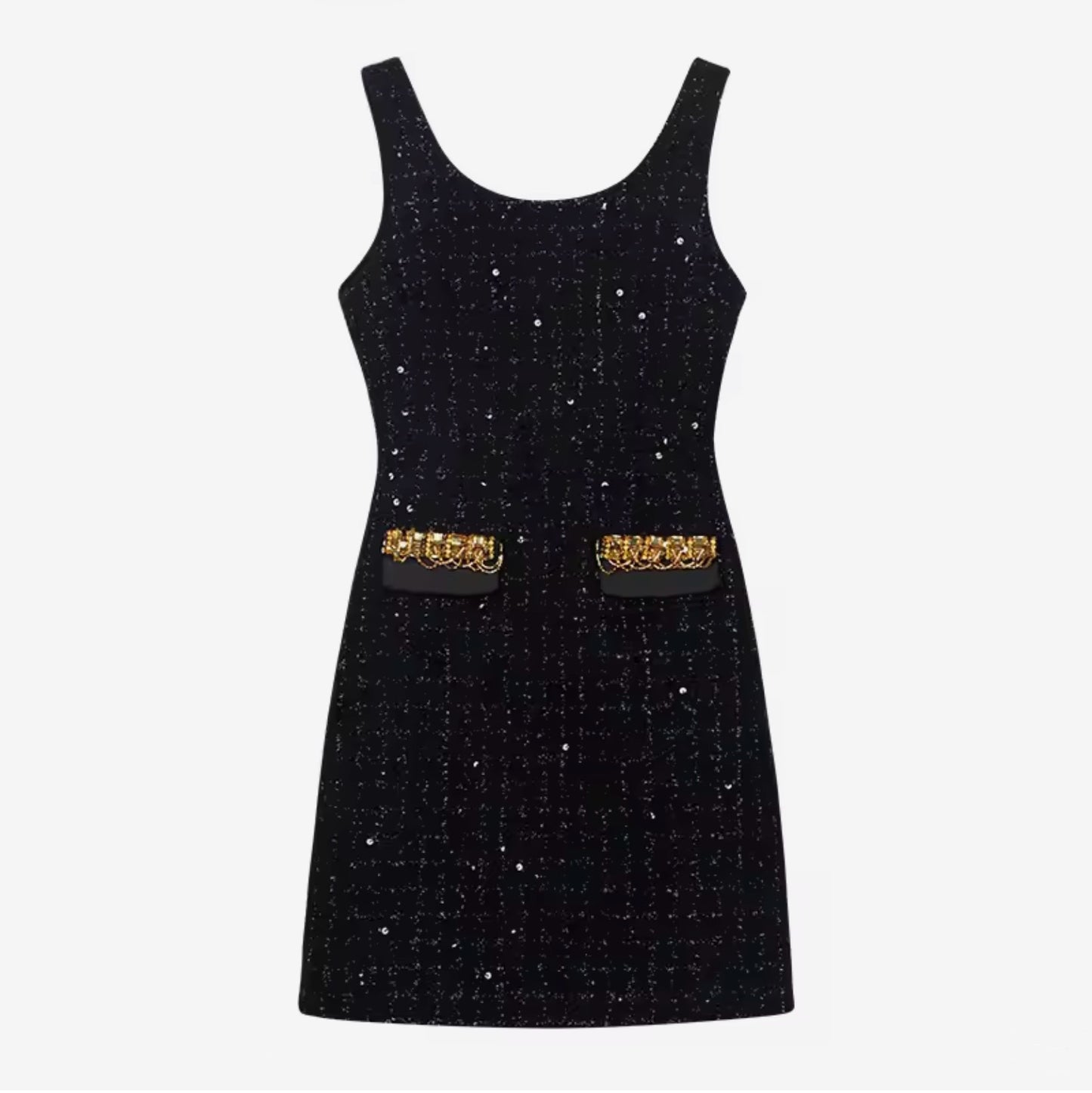 “Luxury Black Tweed Skirt Set – Elegant Two-Piece with Gold Chain Detail”