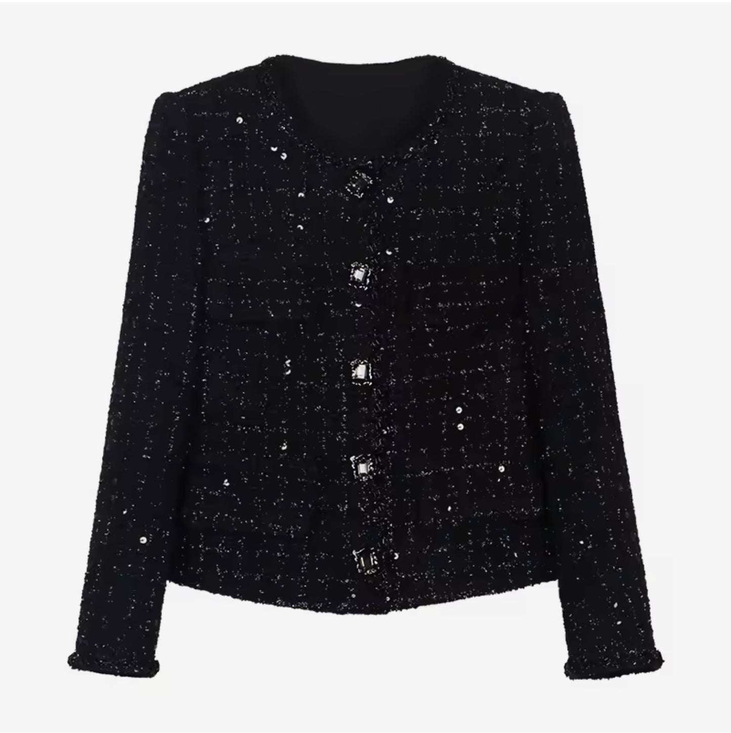 Elegant Black Sequin Tweed Jacket – Luxury Single-Breasted Blazer with Round Neck