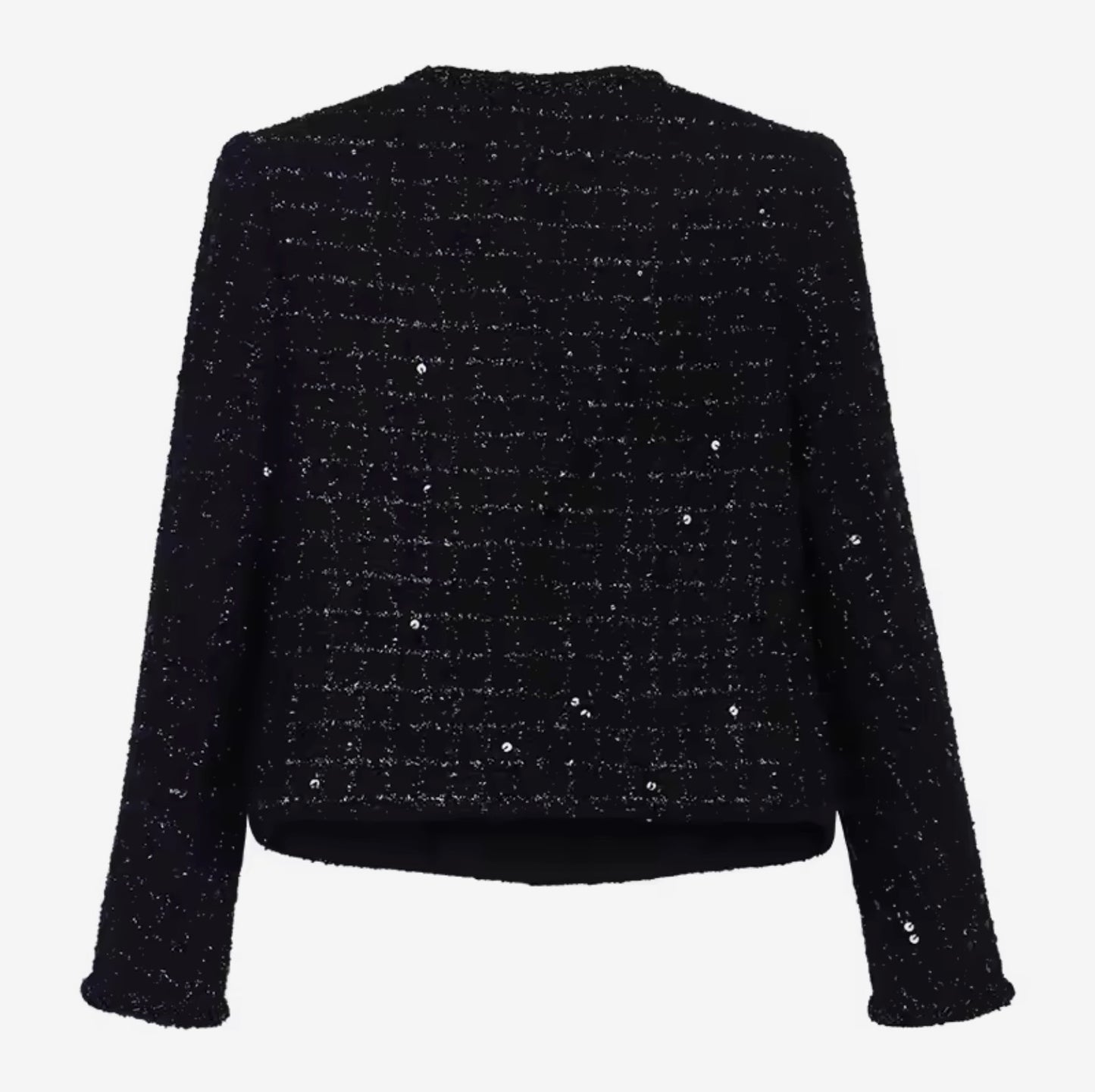 Elegant Black Sequin Tweed Jacket – Luxury Single-Breasted Blazer with Round Neck