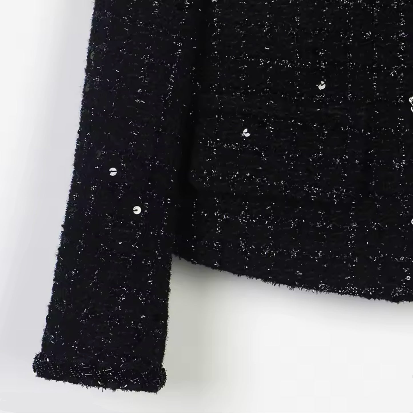 Elegant Black Sequin Tweed Jacket – Luxury Single-Breasted Blazer with Round Neck