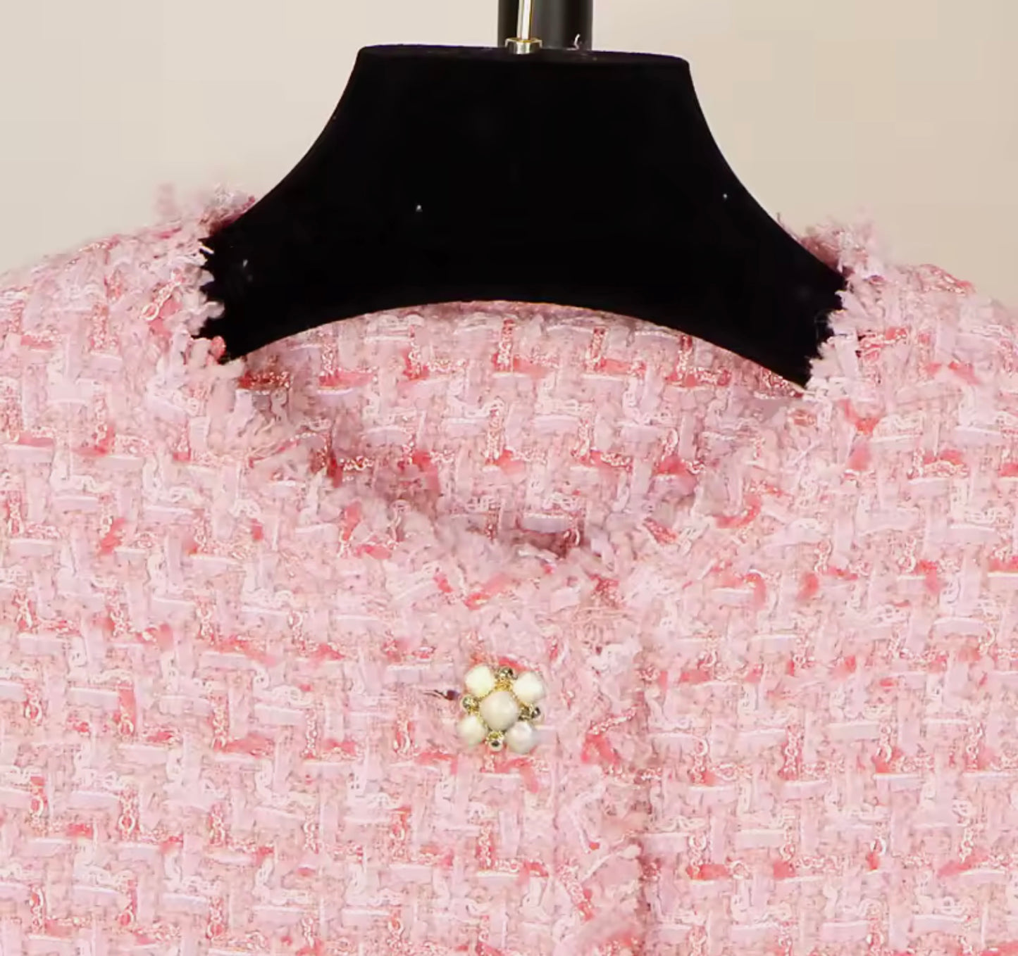 Elegant Pink Tweed Jacket – Luxury Pearl Button Blazer, Round Neck, Classic Feminine Style