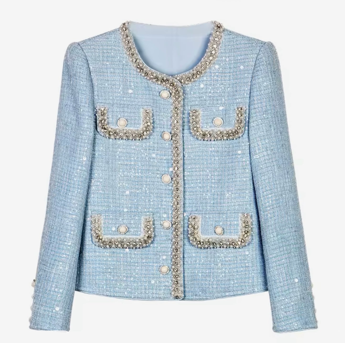 Luxury Blue Tweed Skirt Suit Set – Women’s Two-Piece Round Neck Blazer & Midi Skirt with Pearl Beaded Trim | Celebrity-Inspired High-End Fashion