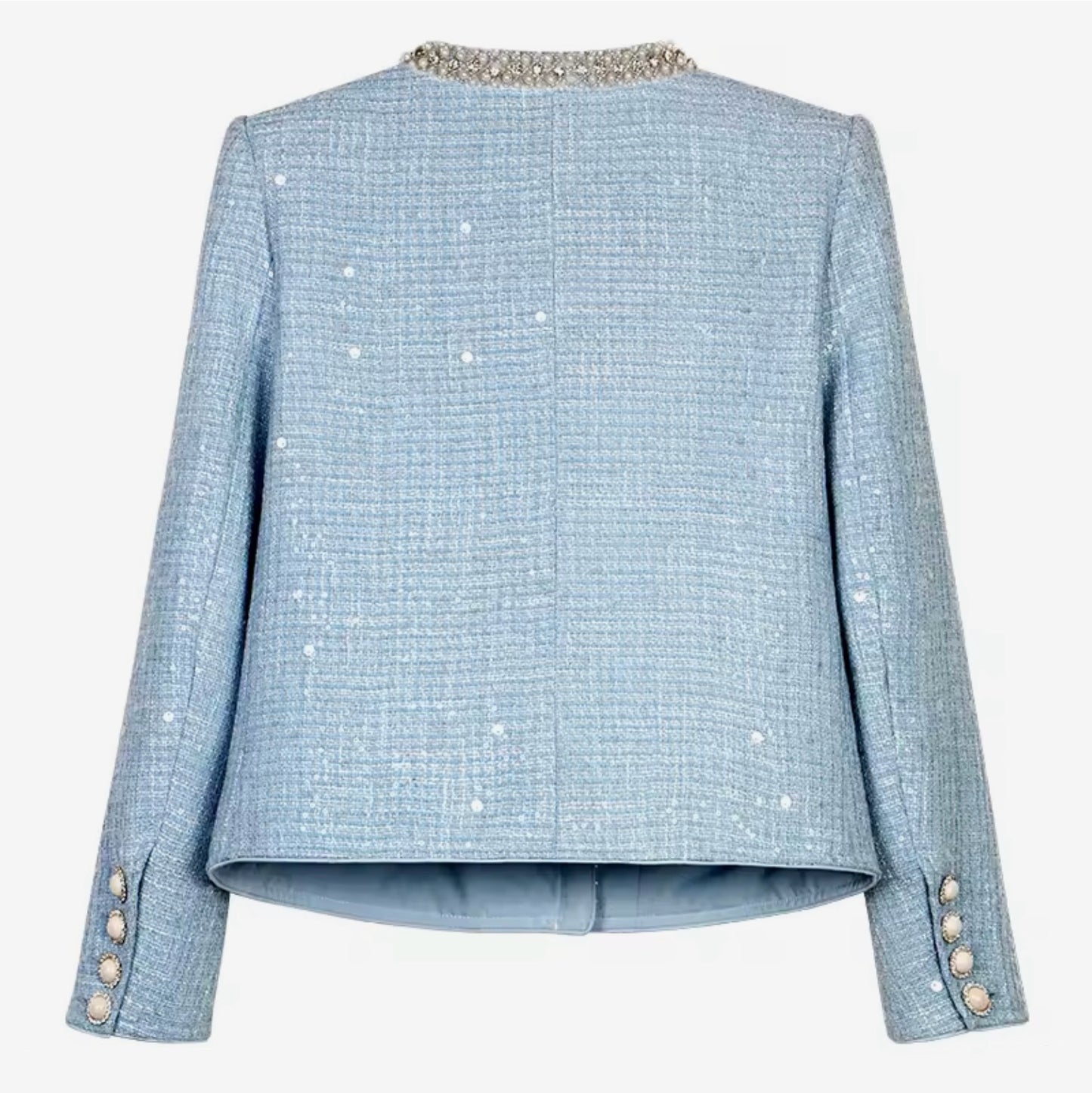 Luxury Blue Tweed Skirt Suit Set – Women’s Two-Piece Round Neck Blazer & Midi Skirt with Pearl Beaded Trim | Celebrity-Inspired High-End Fashion