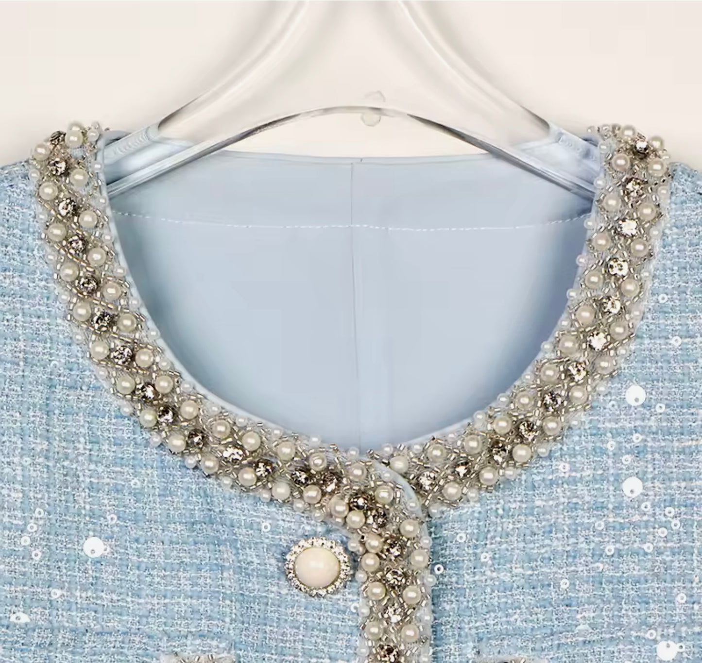 Luxury Blue Tweed Skirt Suit Set – Women’s Two-Piece Round Neck Blazer & Midi Skirt with Pearl Beaded Trim | Celebrity-Inspired High-End Fashion