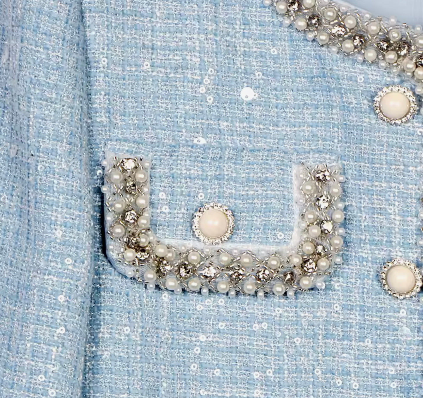 Luxury Blue Tweed Skirt Suit Set – Women’s Two-Piece Round Neck Blazer & Midi Skirt with Pearl Beaded Trim | Celebrity-Inspired High-End Fashion