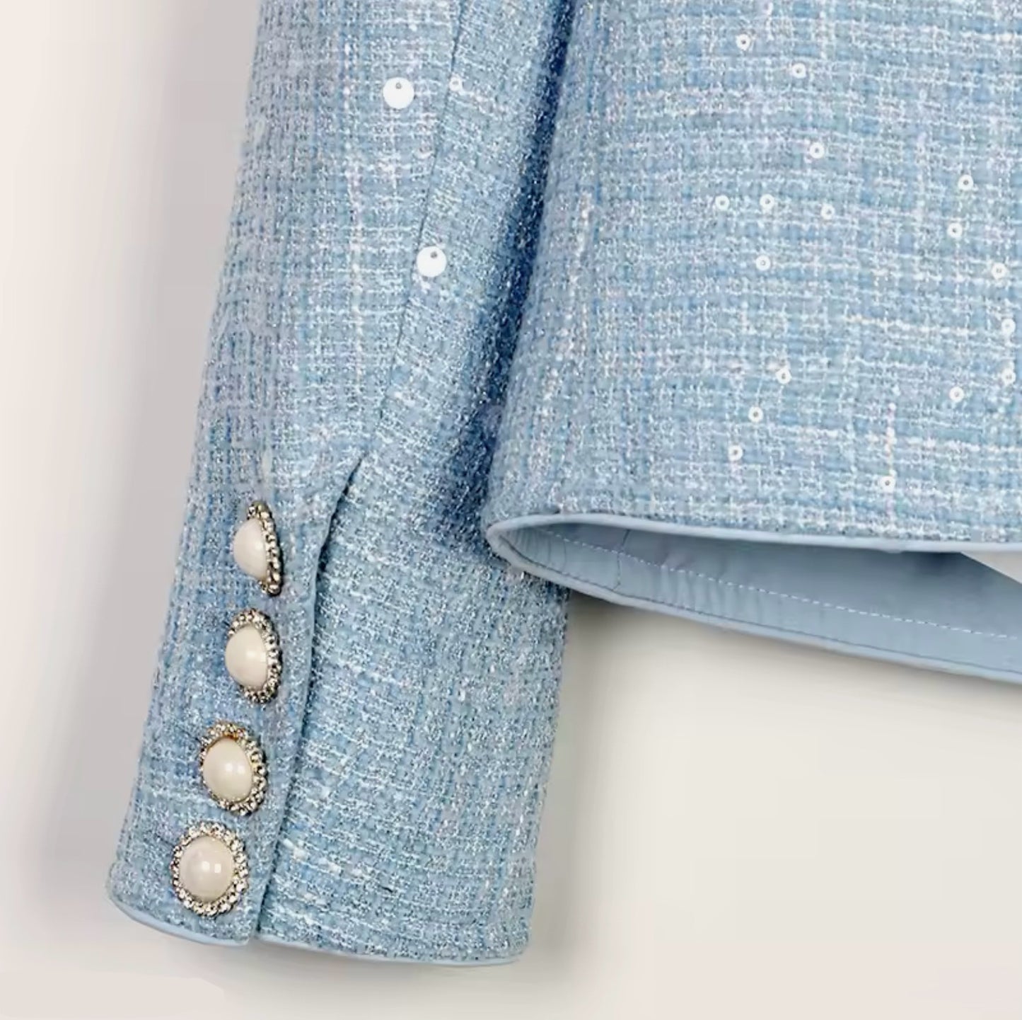 Luxury Light Blue Tweed Jacket with Pearl & Crystal Trim – Elegant Women’s Blazer