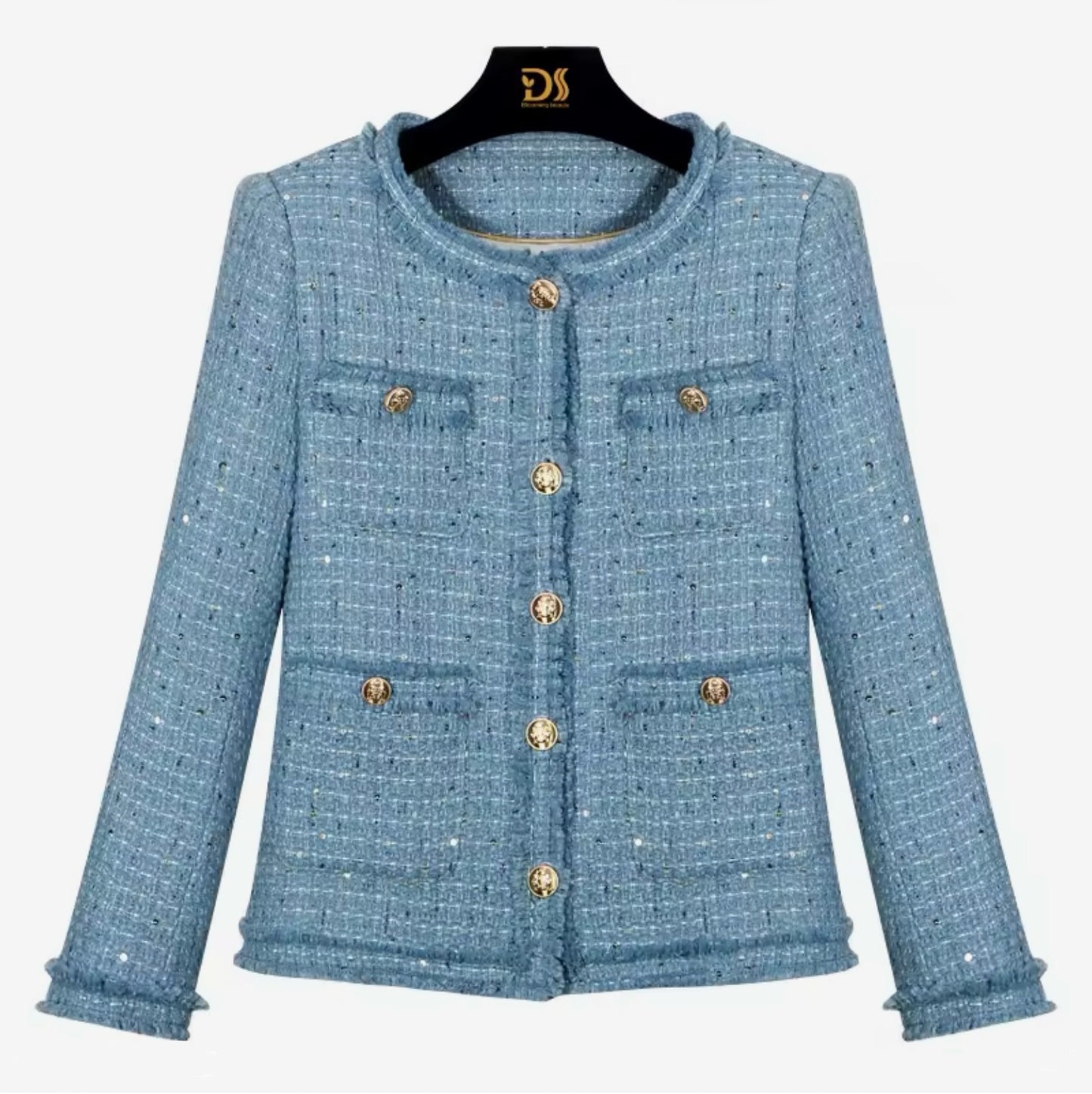 Luxury Blue Sequin Tweed Jacket – Elegant Round Neck Women’s Blazer with Gold Buttons | Celebrity Style Fashion