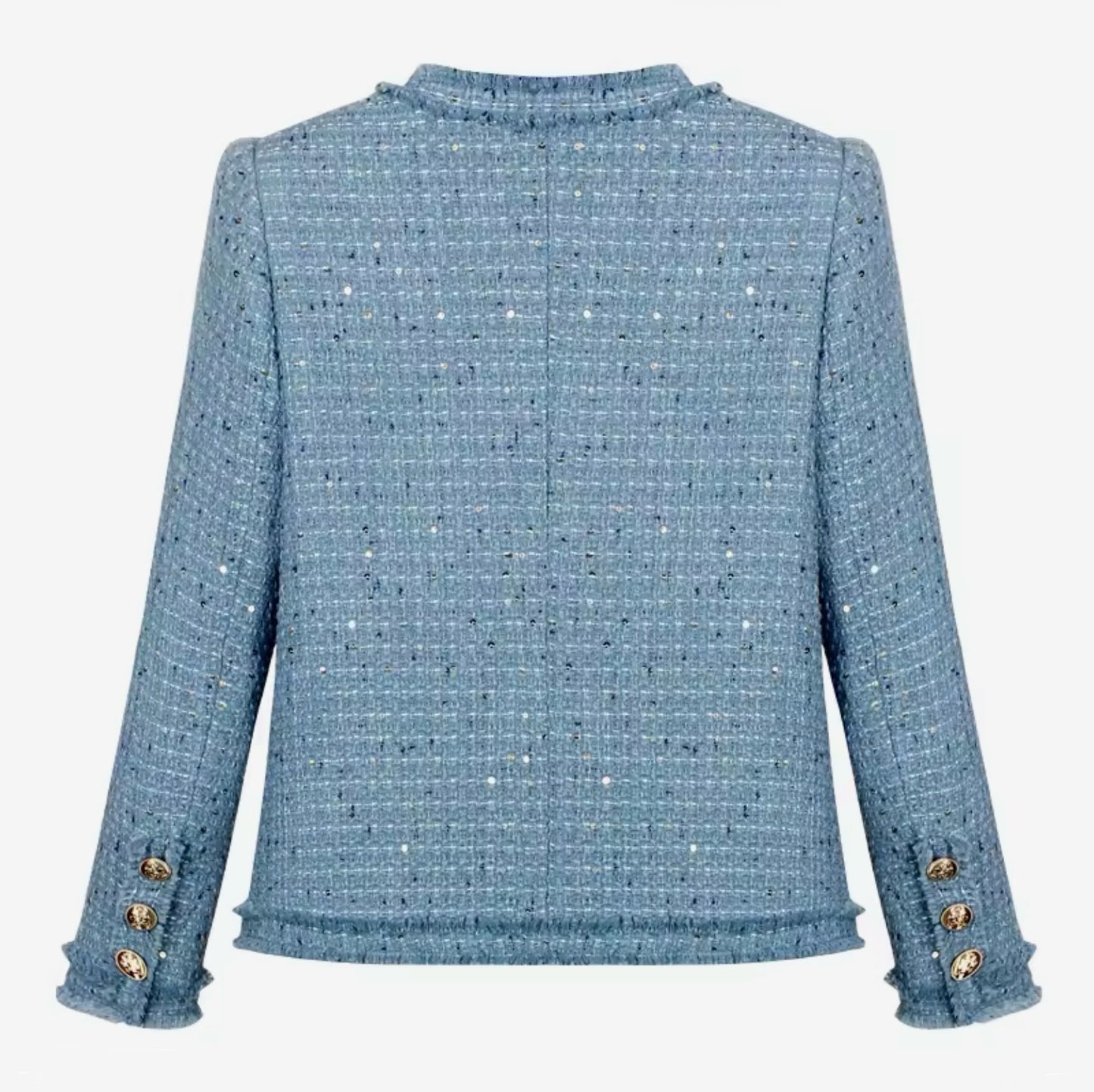 Luxury Blue Sequin Tweed Jacket – Elegant Round Neck Women’s Blazer with Gold Buttons | Celebrity Style Fashion