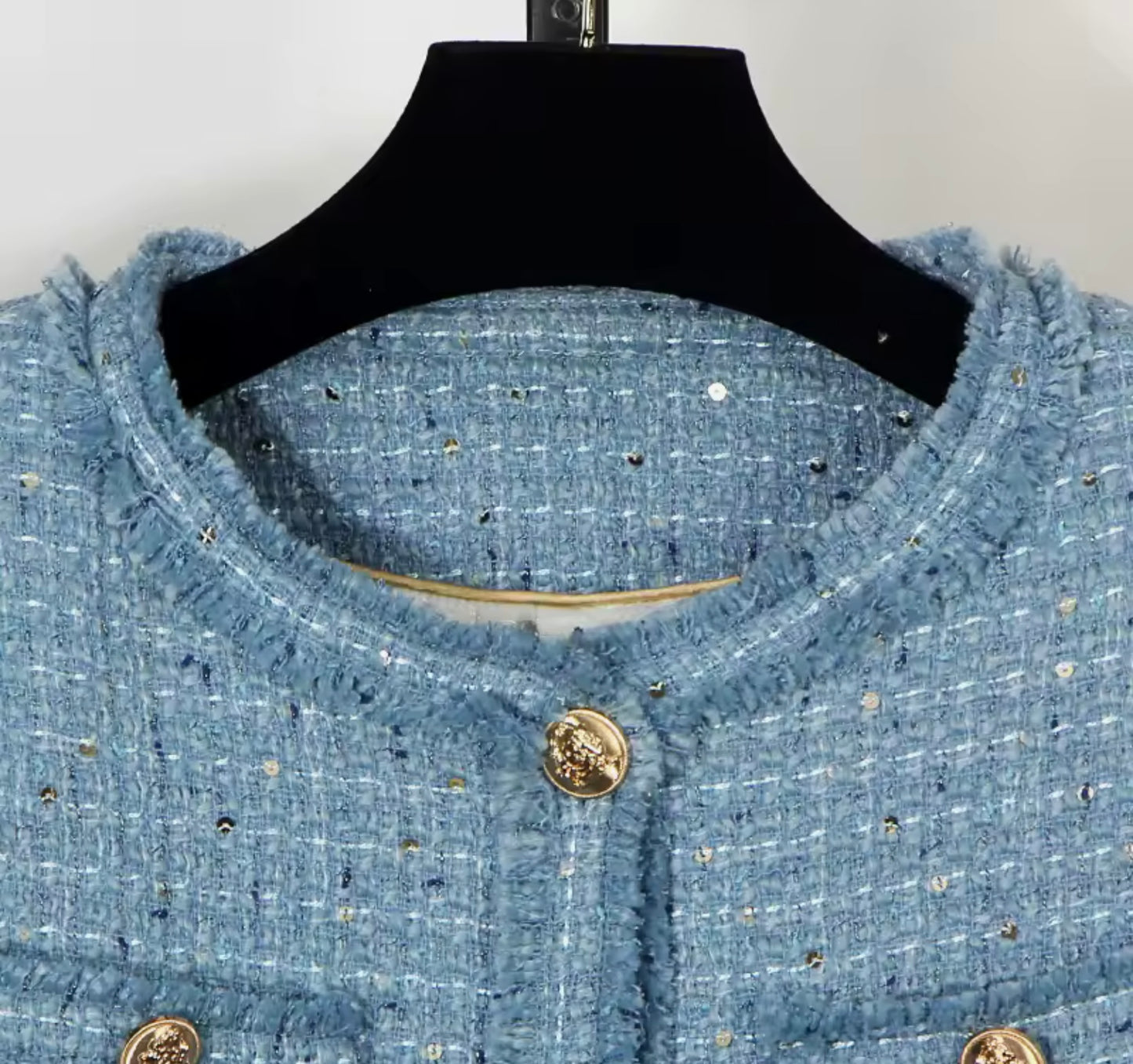 Luxury Blue Sequin Tweed Jacket – Elegant Round Neck Women’s Blazer with Gold Buttons | Celebrity Style Fashion