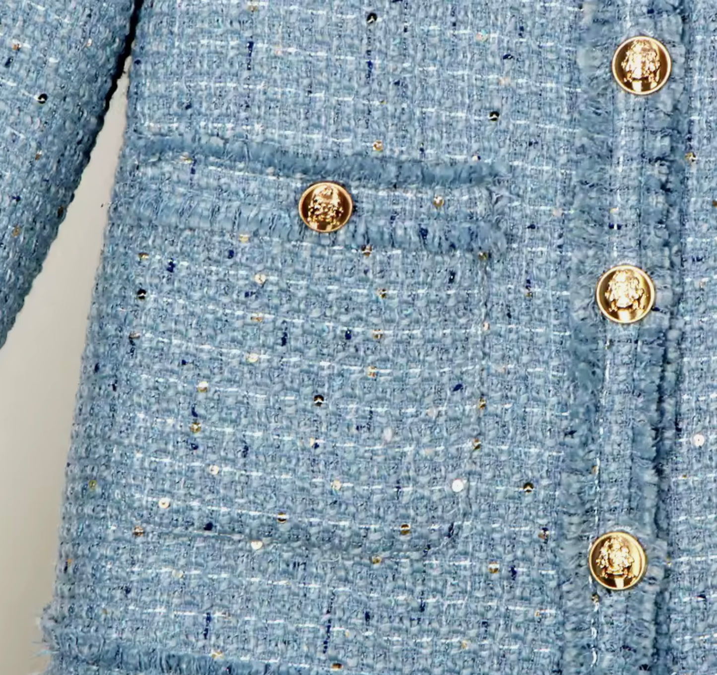 Luxury Blue Sequin Tweed Jacket – Elegant Round Neck Women’s Blazer with Gold Buttons | Celebrity Style Fashion