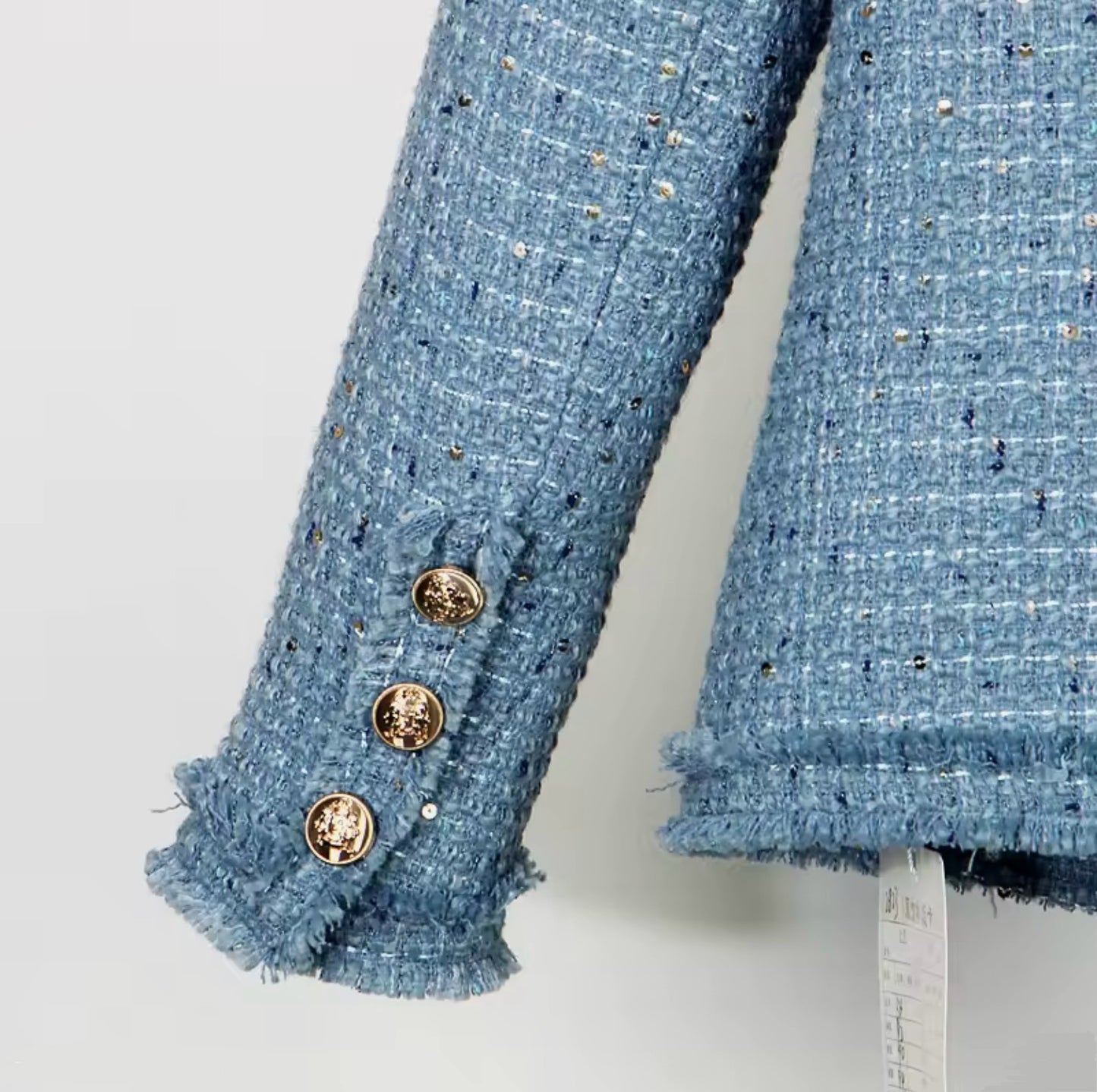 Luxury Blue Sequin Tweed Jacket – Elegant Round Neck Women’s Blazer with Gold Buttons | Celebrity Style Fashion