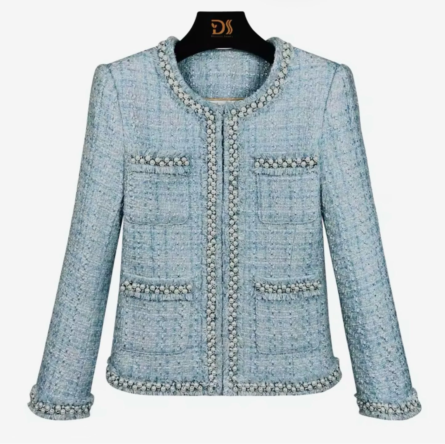 Luxury Blue Beaded Tweed Jacket – Elegant Women’s Round Neck Blazer with Pearl Trim | High-End Fashion
