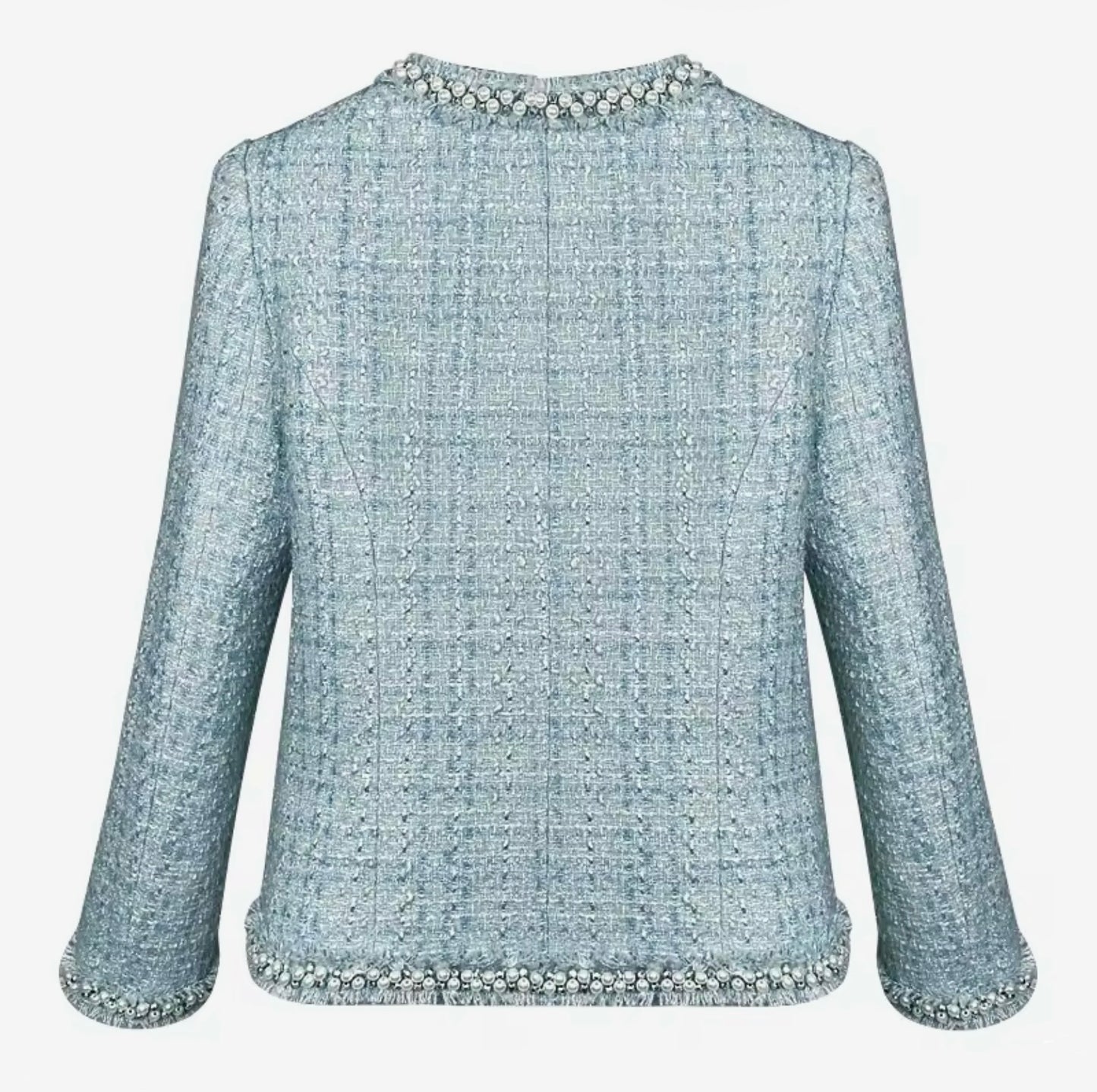 Luxury Blue Beaded Tweed Jacket – Elegant Women’s Round Neck Blazer with Pearl Trim | High-End Fashion