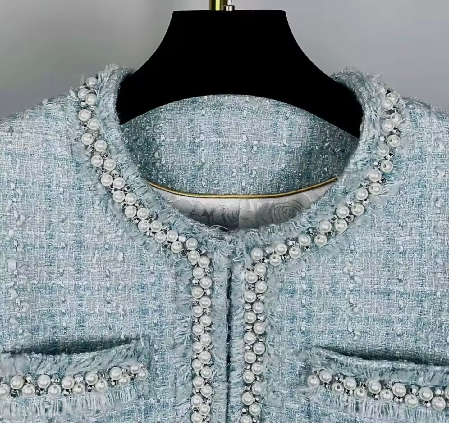 Luxury Blue Beaded Tweed Jacket – Elegant Women’s Round Neck Blazer with Pearl Trim | High-End Fashion