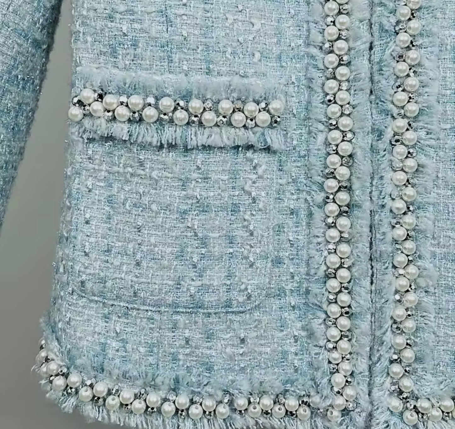 Luxury Blue Beaded Tweed Jacket – Elegant Women’s Round Neck Blazer with Pearl Trim | High-End Fashion