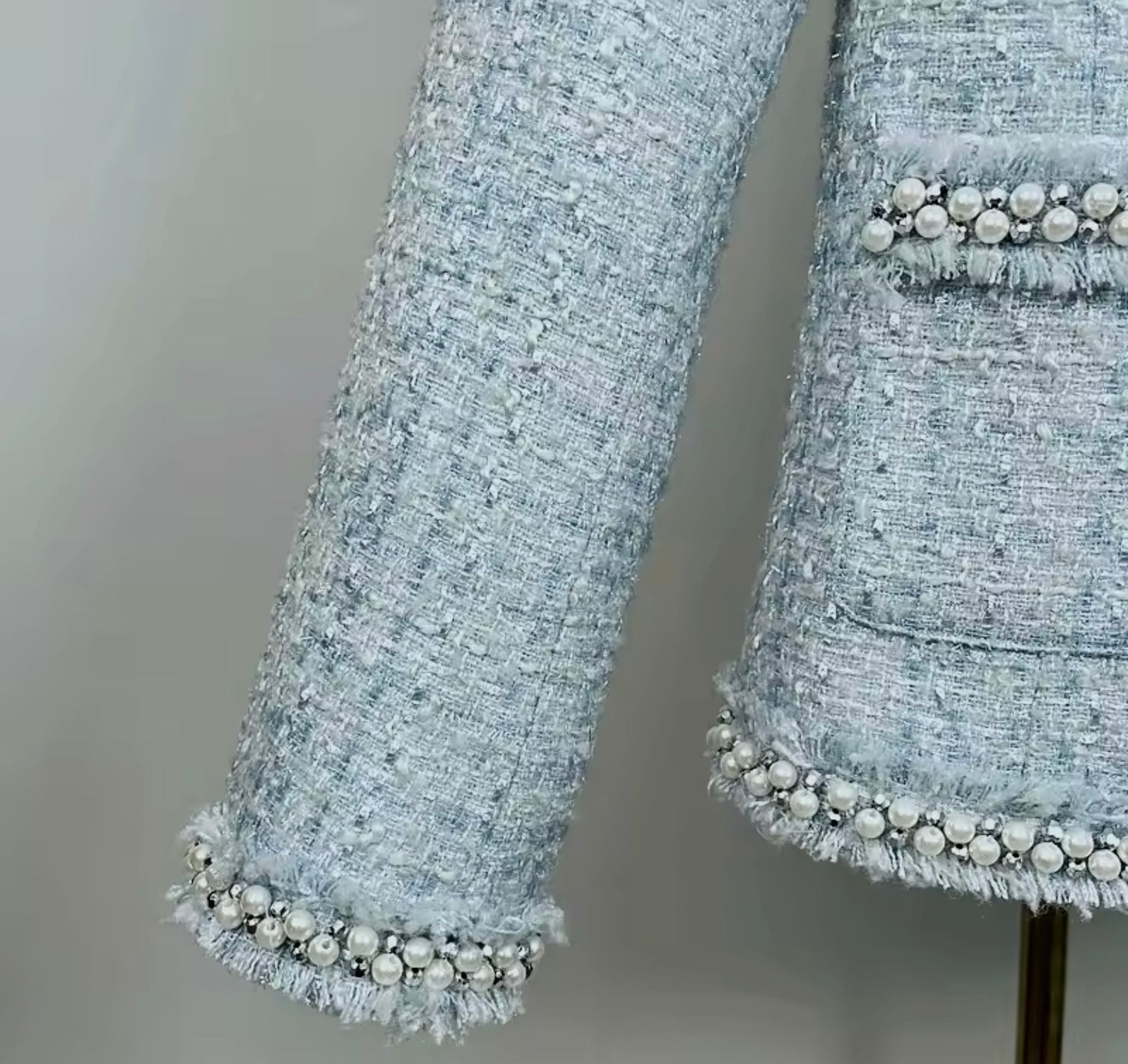 Luxury Blue Beaded Tweed Jacket – Elegant Women’s Round Neck Blazer with Pearl Trim | High-End Fashion