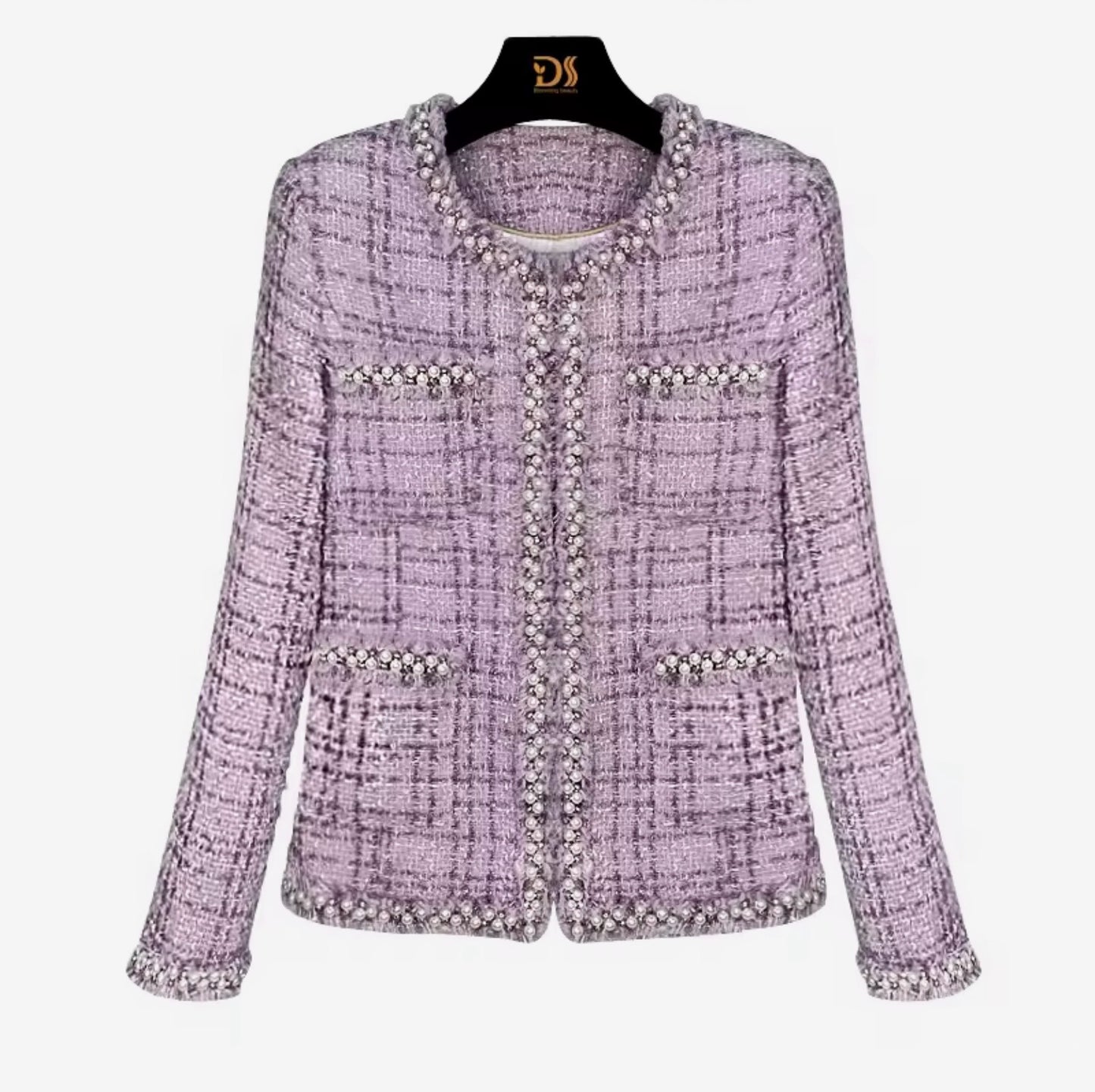 Luxury Purple Tweed Jacket – Women’s Round Neck Blazer with Pearl Beaded Trim | Elegant Celebrity Style Fashion