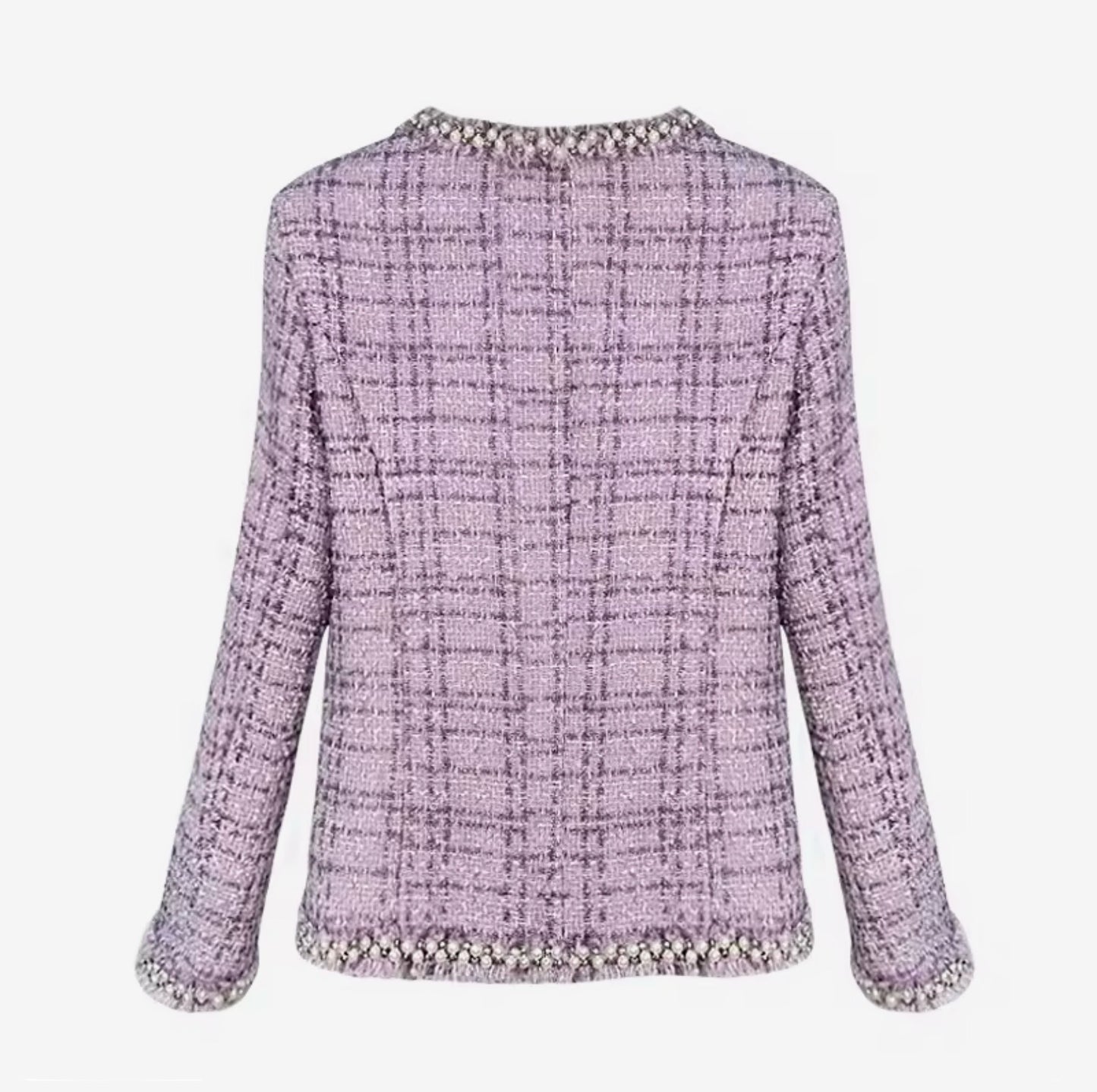 Luxury Purple Tweed Jacket – Women’s Round Neck Blazer with Pearl Beaded Trim | Elegant Celebrity Style Fashion