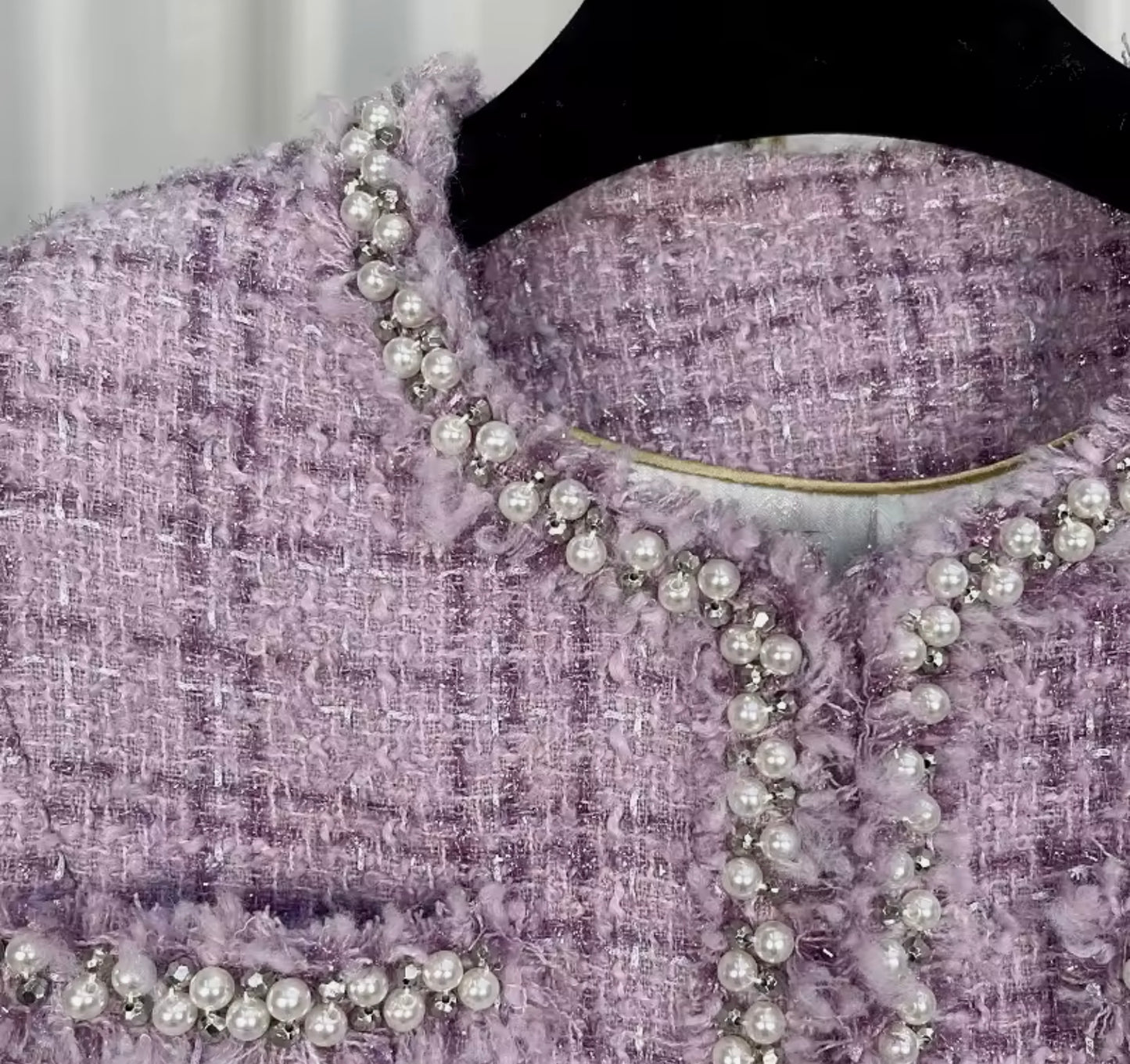 Luxury Purple Tweed Jacket – Women’s Round Neck Blazer with Pearl Beaded Trim | Elegant Celebrity Style Fashion