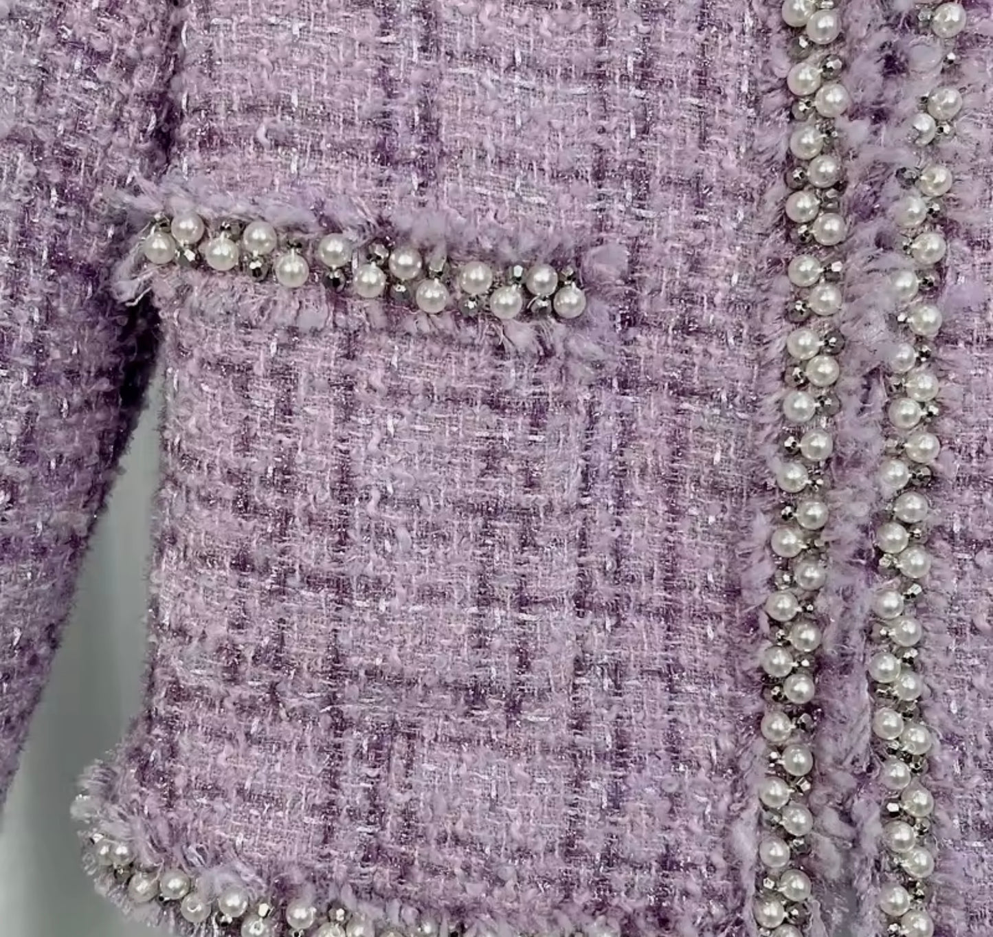 Luxury Purple Tweed Jacket – Women’s Round Neck Blazer with Pearl Beaded Trim | Elegant Celebrity Style Fashion