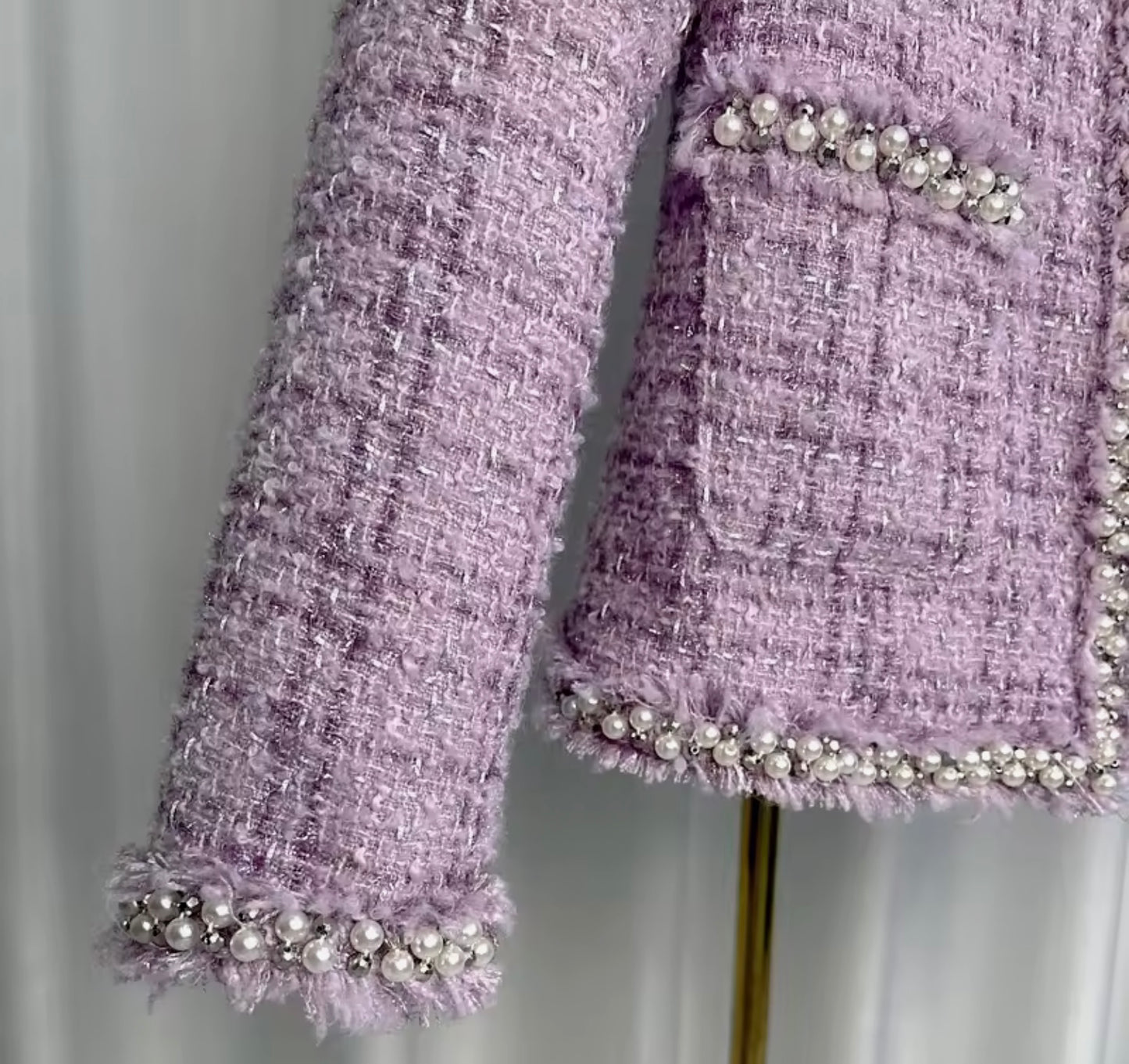 Luxury Purple Tweed Jacket – Women’s Round Neck Blazer with Pearl Beaded Trim | Elegant Celebrity Style Fashion