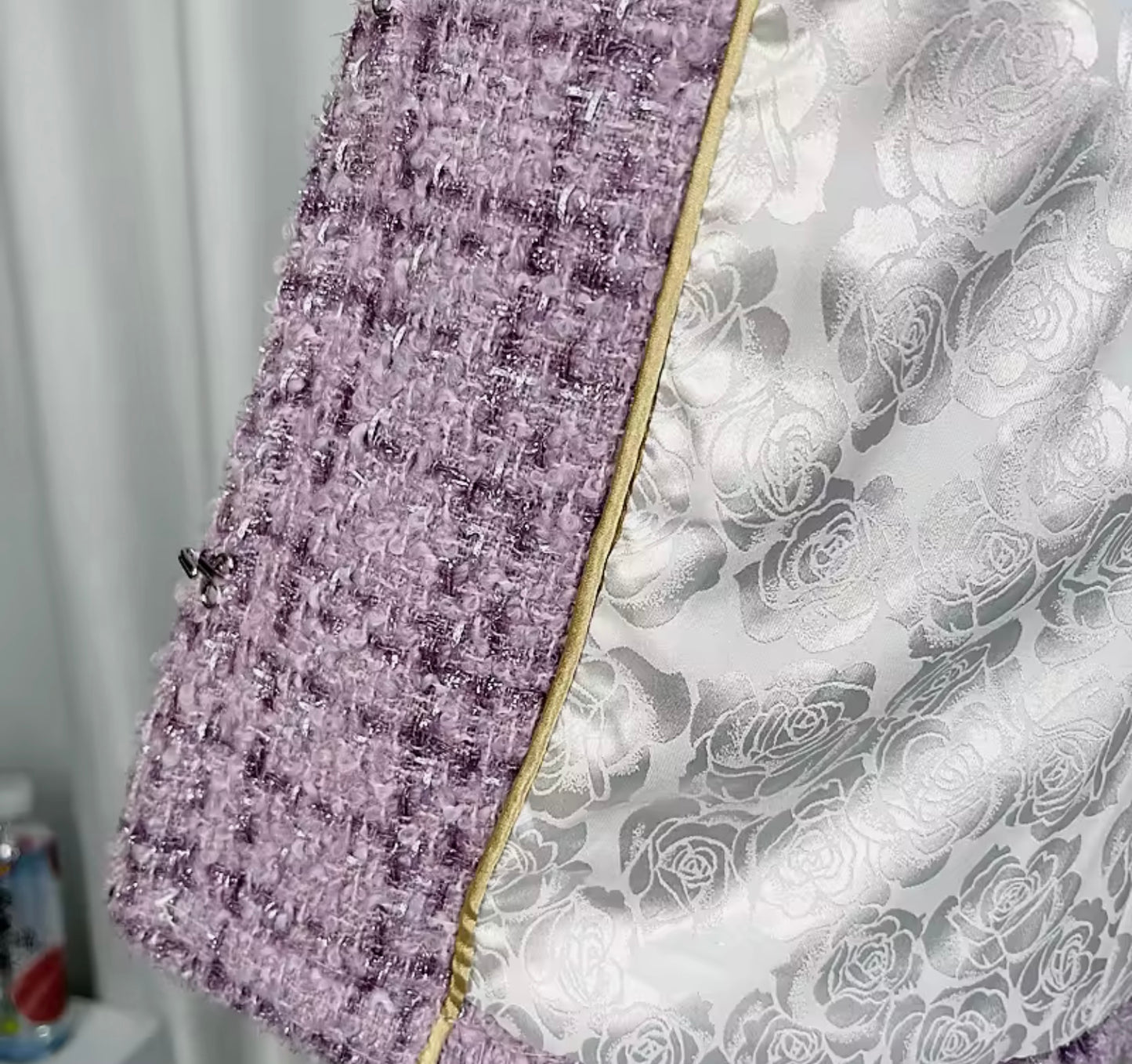 Luxury Purple Tweed Jacket – Women’s Round Neck Blazer with Pearl Beaded Trim | Elegant Celebrity Style Fashion