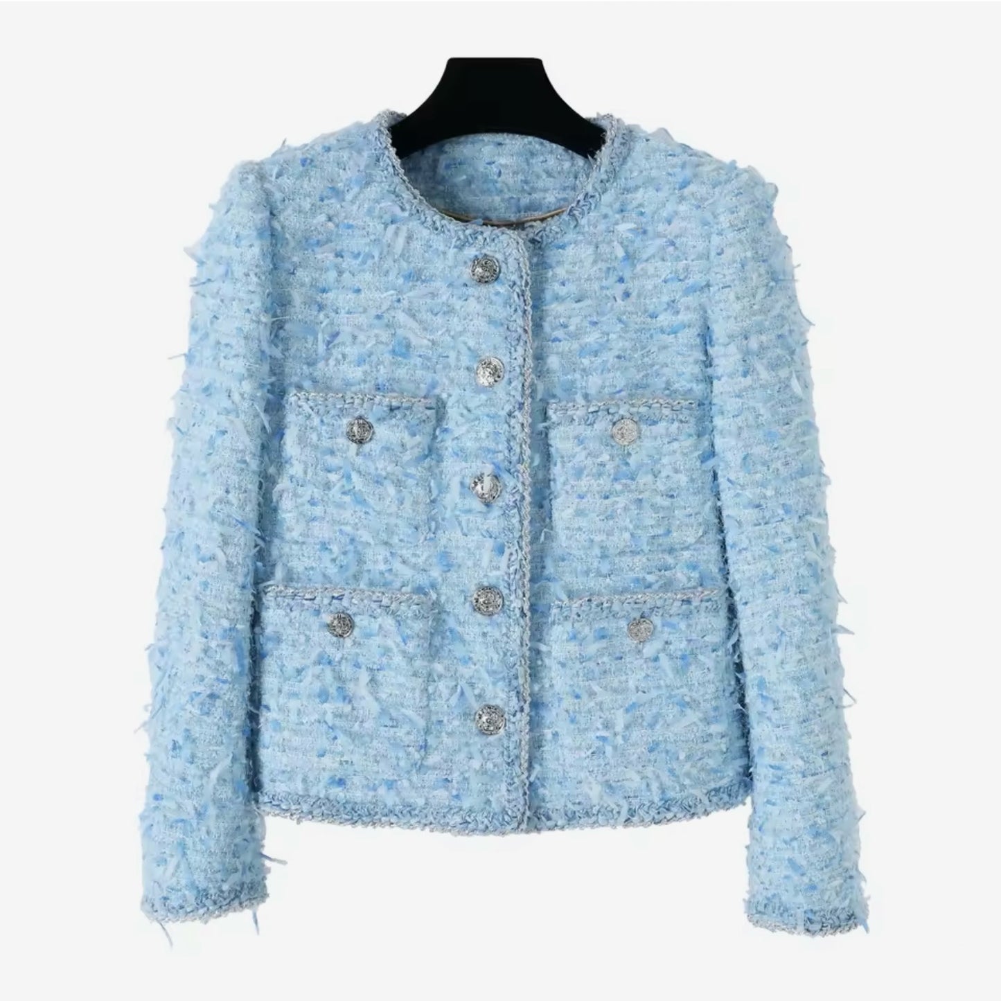 Luxury Light Blue Tweed Jacket – Women’s Round Neck Single-Breasted Blazer with Silver Buttons | Celebrity Style Fashion