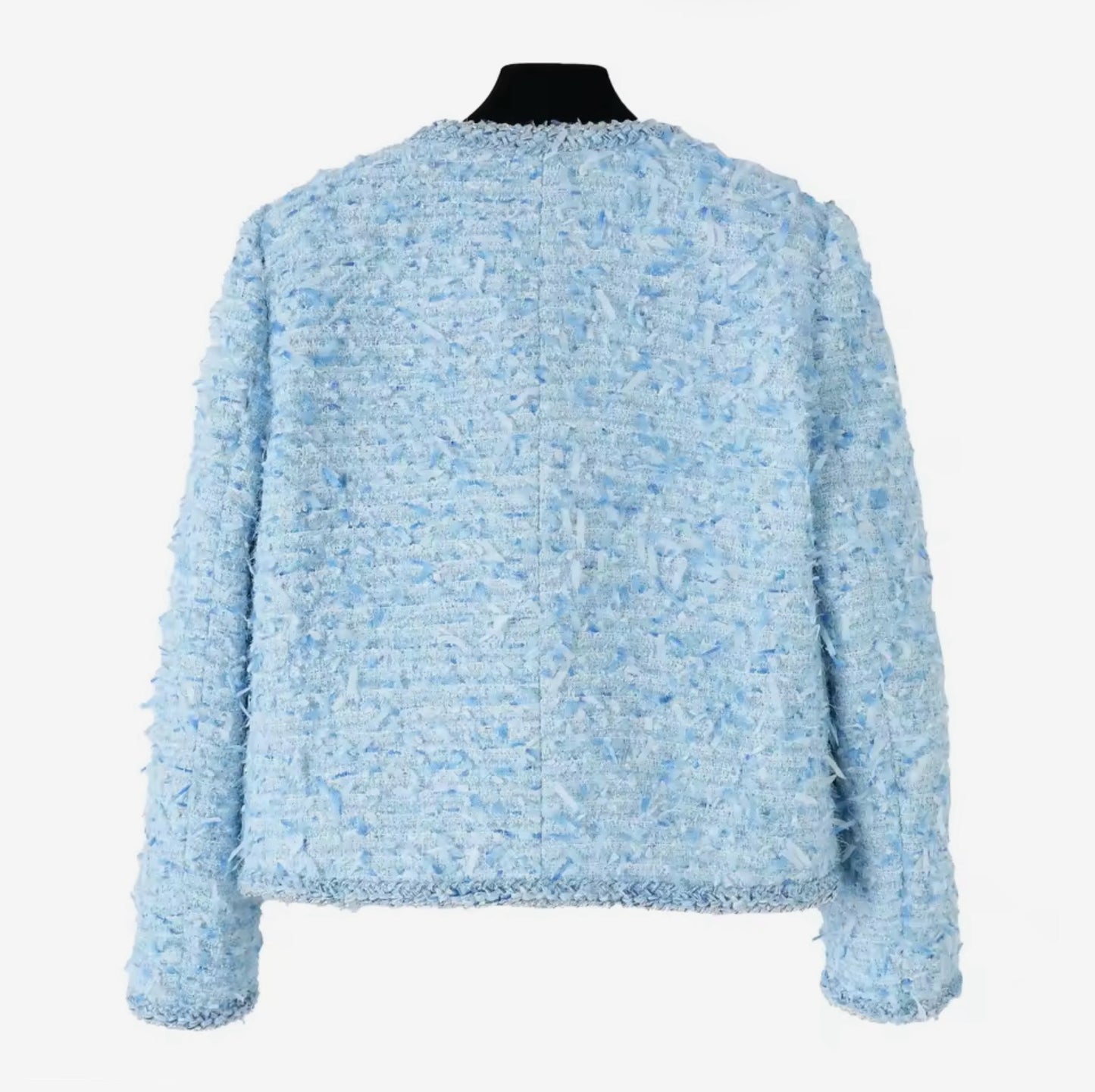 Luxury Light Blue Tweed Jacket – Women’s Round Neck Single-Breasted Blazer with Silver Buttons | Celebrity Style Fashion