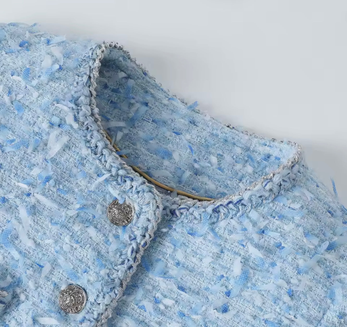 Luxury Light Blue Tweed Jacket – Women’s Round Neck Single-Breasted Blazer with Silver Buttons | Celebrity Style Fashion