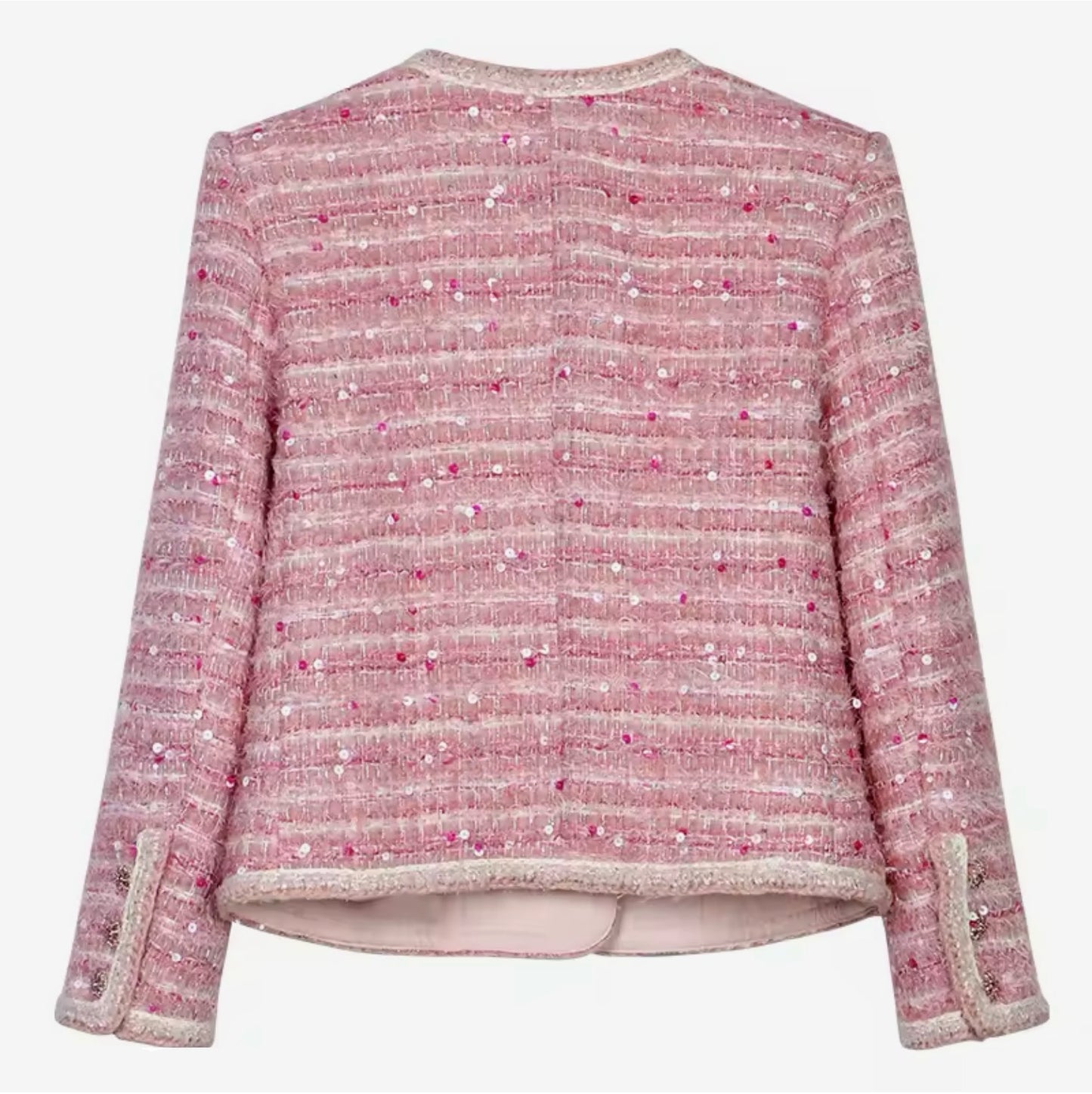 Luxury Pink Sequin Tweed Jacket – Women’s Round Neck Blazer with Elegant Beaded Buttons | Celebrity-Inspired High-End Fashion