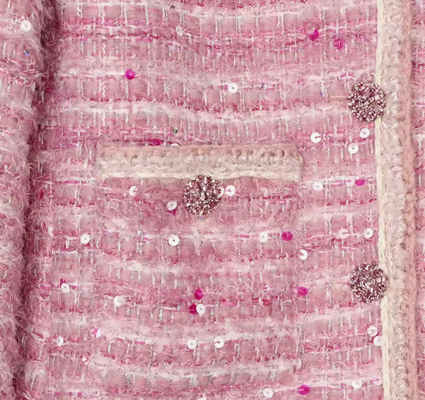 Luxury Pink Sequin Tweed Jacket – Women’s Round Neck Blazer with Elegant Beaded Buttons | Celebrity-Inspired High-End Fashion