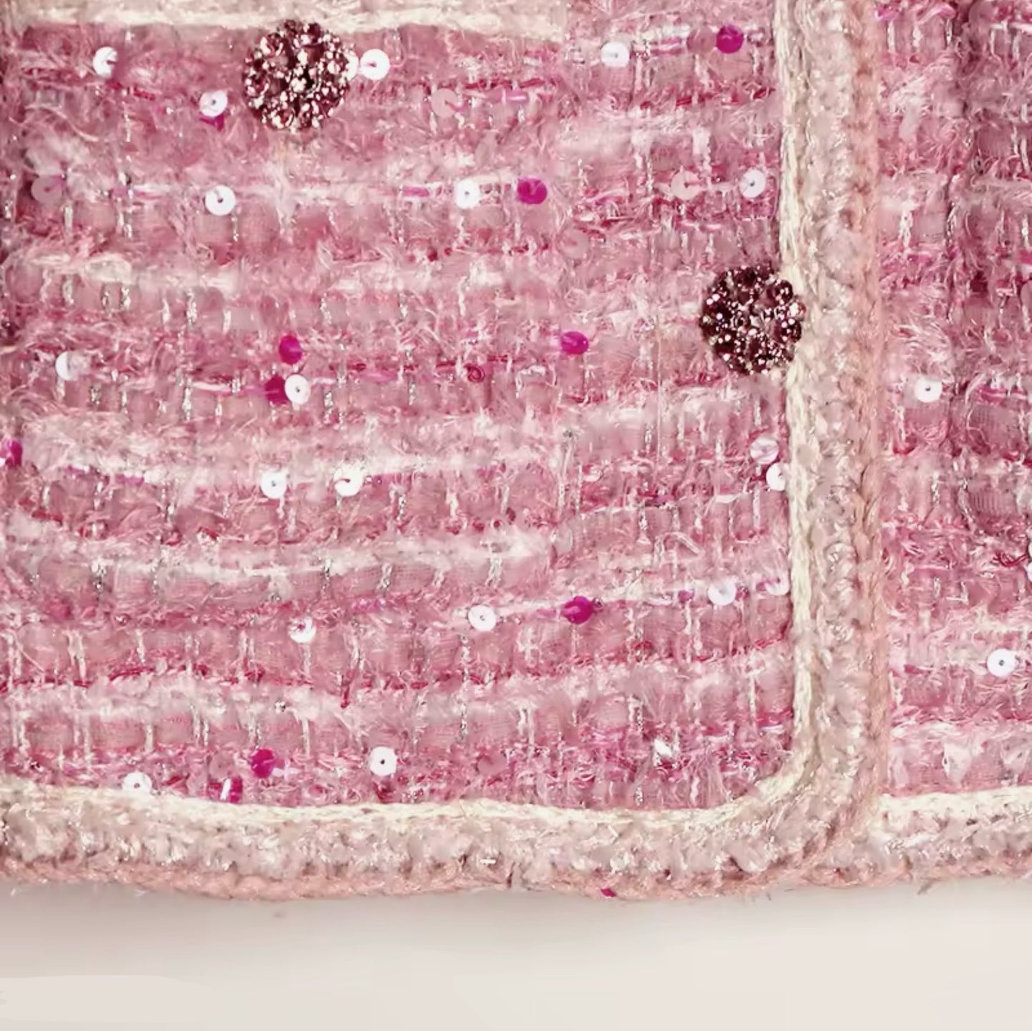 Luxury Pink Sequin Tweed Jacket – Women’s Round Neck Blazer with Elegant Beaded Buttons | Celebrity-Inspired High-End Fashion