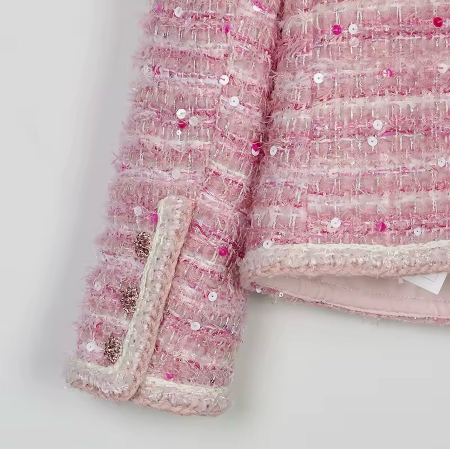 Luxury Pink Sequin Tweed Jacket – Women’s Round Neck Blazer with Elegant Beaded Buttons | Celebrity-Inspired High-End Fashion
