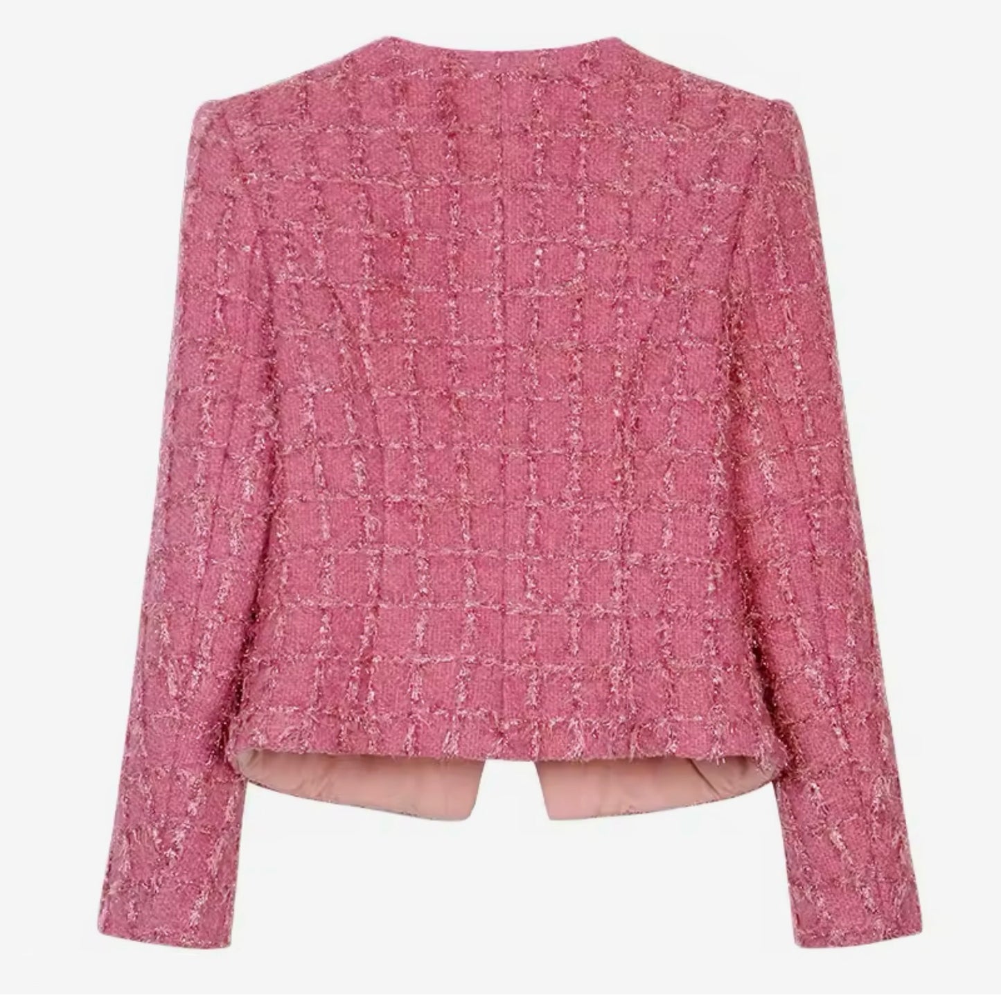 Luxury Pink Tweed Jacket – Women’s Round Neck Single-Breasted Blazer with Gold Buttons | Elegant Celebrity-Inspired Fashion
