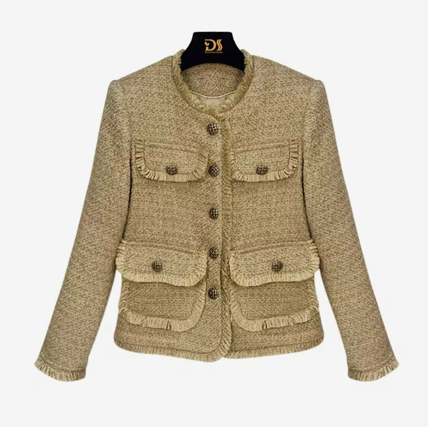 Luxury Beige Tweed Jacket – Women’s Round Neck Retro Single-Breasted Blazer with Decorative Pockets | Celebrity-Inspired High-End Fashion