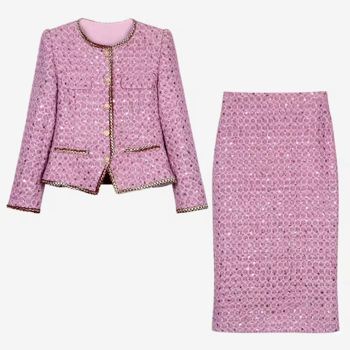 Luxury Lavender Sequin Tweed Skirt Suit Set – Women’s Two-Piece Blazer & Midi Skirt with Gold Trim | Celebrity-Inspired High-End Fashion