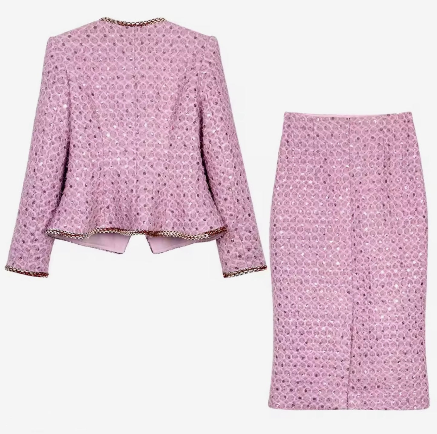 Luxury Lavender Sequin Tweed Skirt Suit Set – Women’s Two-Piece Blazer & Midi Skirt with Gold Trim | Celebrity-Inspired High-End Fashion