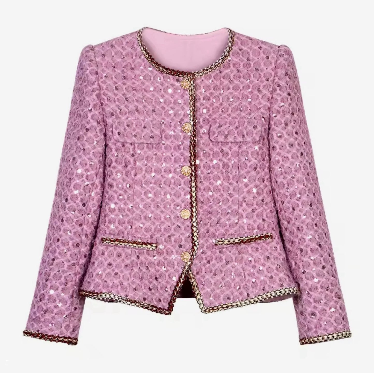 Luxury Lavender Sequin Tweed Skirt Suit Set – Women’s Two-Piece Blazer & Midi Skirt with Gold Trim | Celebrity-Inspired High-End Fashion