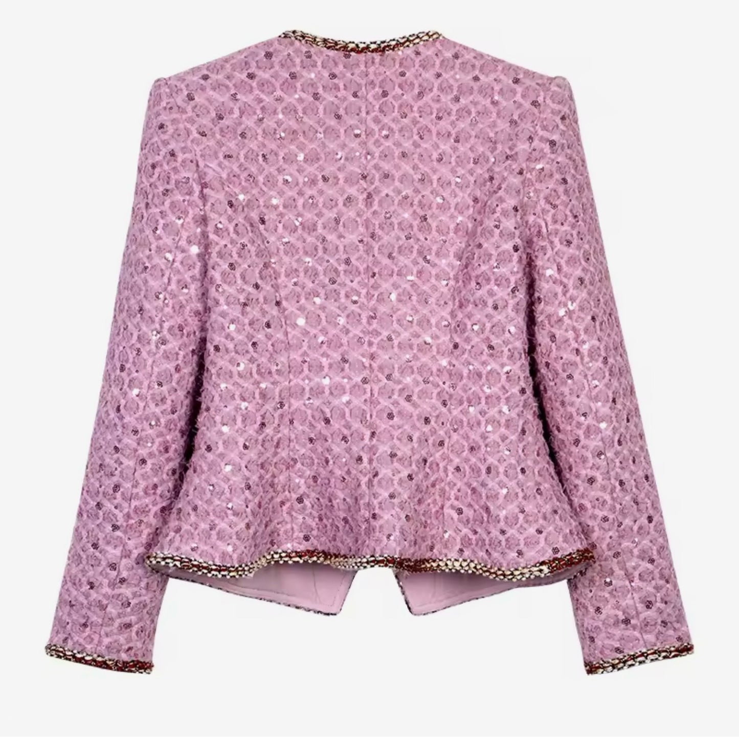 Luxury Lavender Sequin Tweed Skirt Suit Set – Women’s Two-Piece Blazer & Midi Skirt with Gold Trim | Celebrity-Inspired High-End Fashion