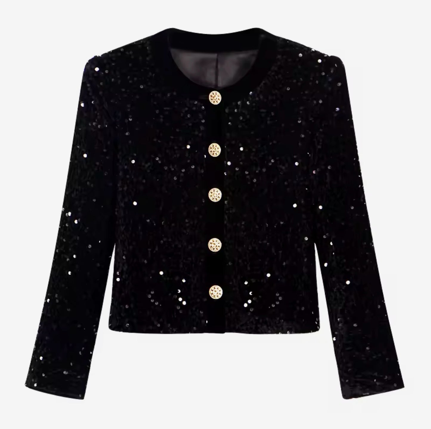 Luxury Black Sequin Tweed Jacket – Women’s Round Neck Single-Breasted Blazer with Gold Buttons | Elegant Celebrity-Inspired Fashion