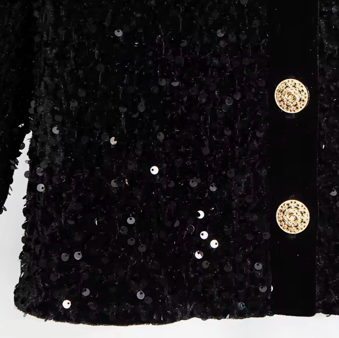 Luxury Black Sequin Tweed Jacket – Women’s Round Neck Single-Breasted Blazer with Gold Buttons | Elegant Celebrity-Inspired Fashion