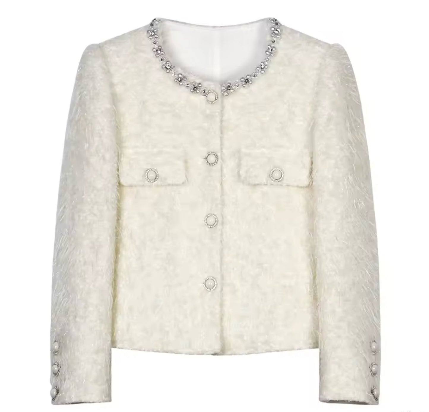 Luxury White Tweed Jacket – Women’s Round Neck Blazer with Crystal Beaded Collar & Elegant Buttons | Celebrity-Inspired High-End Fashion