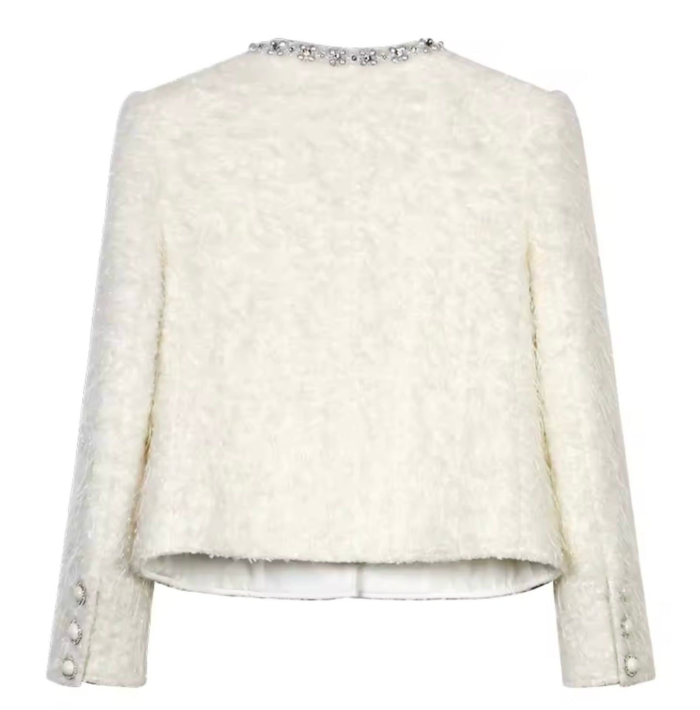 Luxury White Tweed Jacket – Women’s Round Neck Blazer with Crystal Beaded Collar & Elegant Buttons | Celebrity-Inspired High-End Fashion