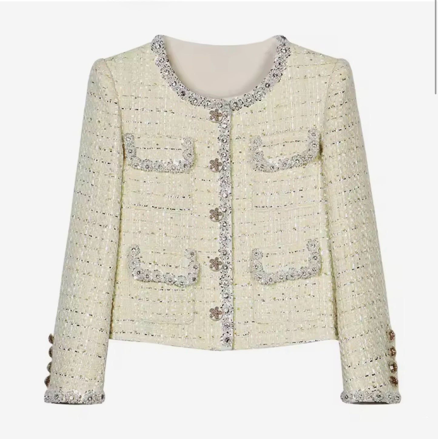 Luxury Light Yellow Tweed Jacket – Women’s Round Neck Blazer with Diamond Beaded Trim | Celebrity-Inspired High-End Fashion