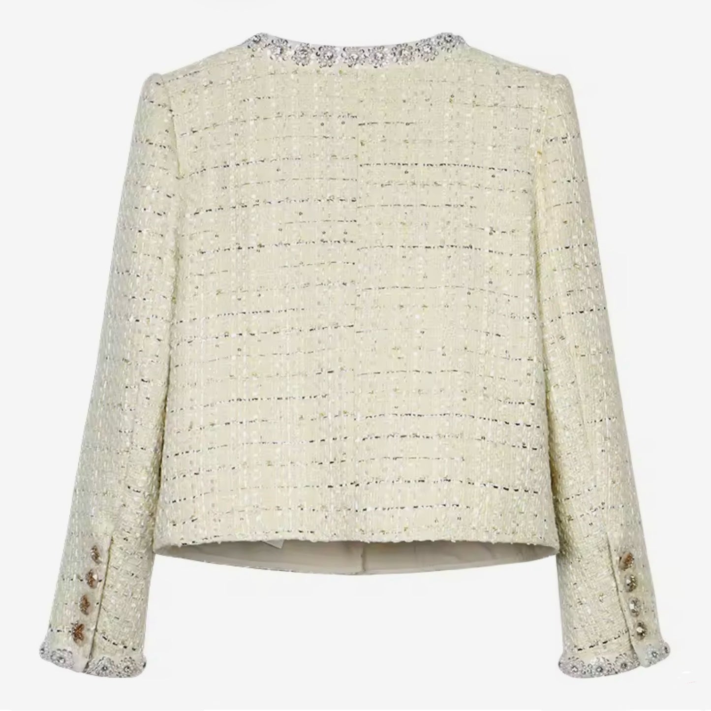 Luxury Light Yellow Tweed Jacket – Women’s Round Neck Blazer with Diamond Beaded Trim | Celebrity-Inspired High-End Fashion