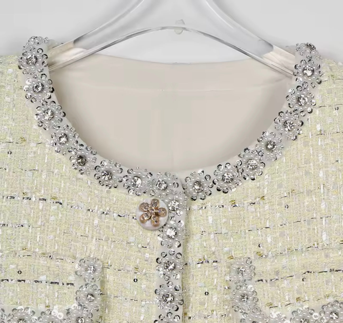Luxury Light Yellow Tweed Jacket – Women’s Round Neck Blazer with Diamond Beaded Trim | Celebrity-Inspired High-End Fashion