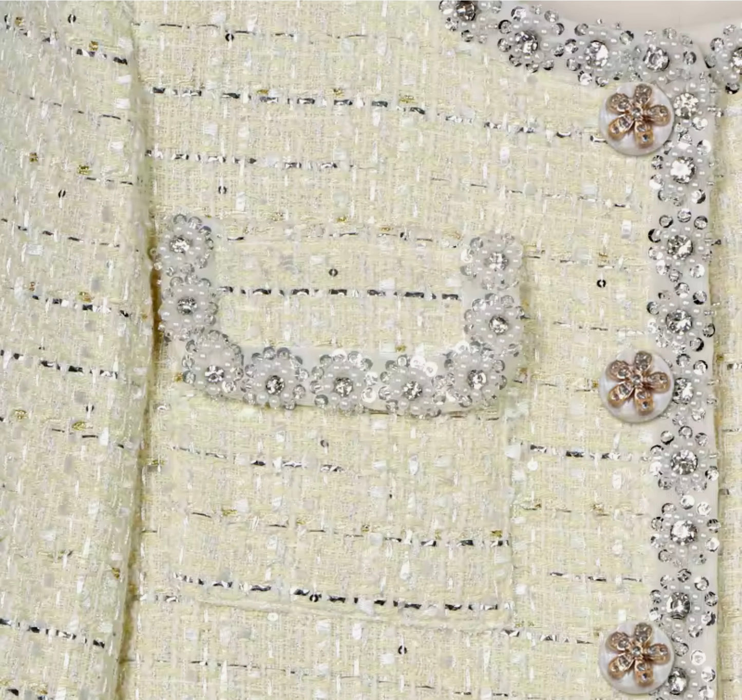 Luxury Light Yellow Tweed Jacket – Women’s Round Neck Blazer with Diamond Beaded Trim | Celebrity-Inspired High-End Fashion