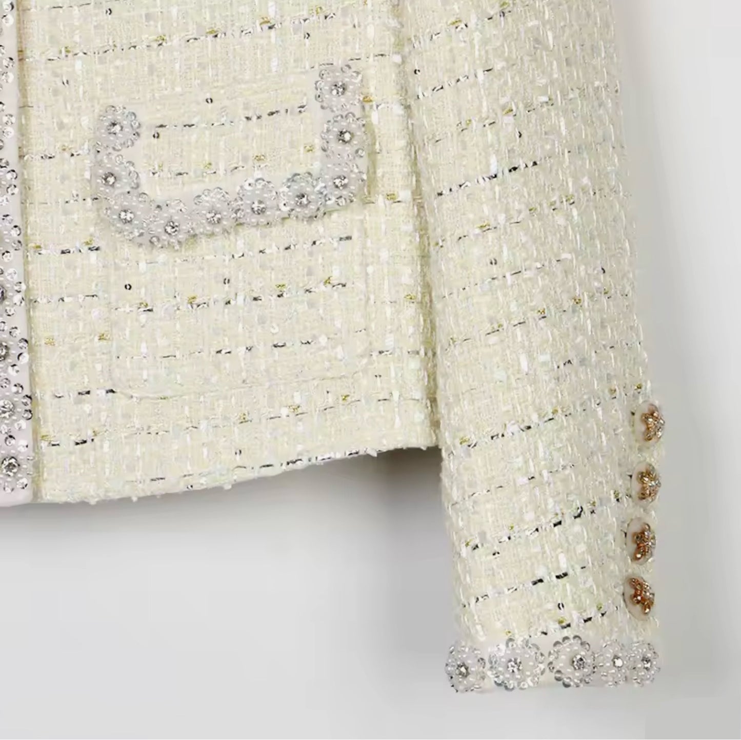 Luxury Light Yellow Tweed Jacket – Women’s Round Neck Blazer with Diamond Beaded Trim | Celebrity-Inspired High-End Fashion