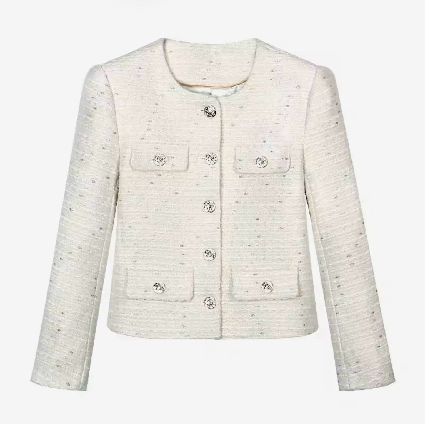 Luxury White Tweed Jacket – Women’s Round Neck Single-Breasted Blazer with Crystal Buttons | Elegant Celebrity-Inspired Fashion