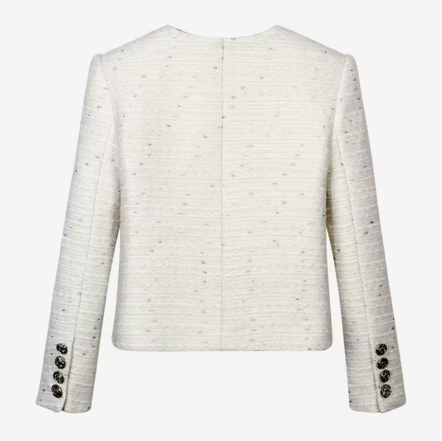Luxury White Tweed Jacket – Women’s Round Neck Single-Breasted Blazer with Crystal Buttons | Elegant Celebrity-Inspired Fashion